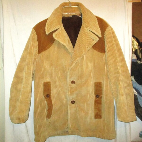 Vintage 70s Beige Corduroy Mens Coat M Plush Lining As Is
