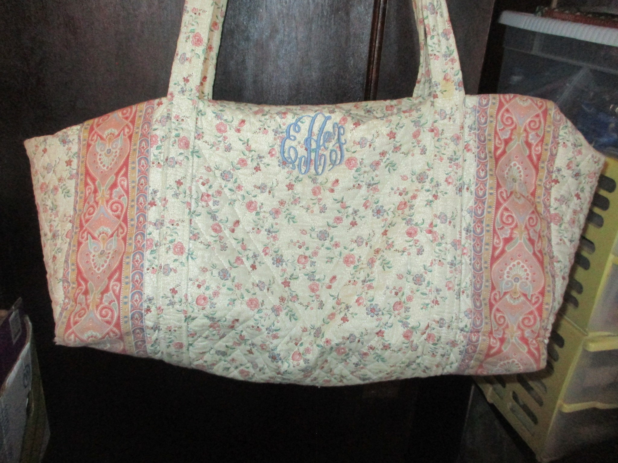 Vintage 80s Vera Bradley Cream Flowers Duffel Purse Tote Bag