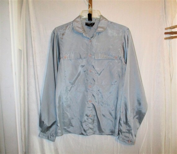 Vintage 80s Gray Poly Ladies Button Up Shirt M Lo… - image 1