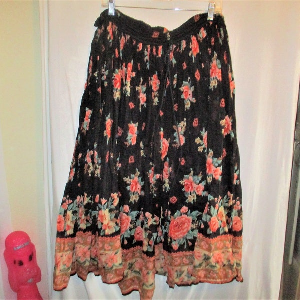 Vintage 90s Pink Beige Black Flower Print Cotton Gauze Gypsy Skirt Plus Broomstick