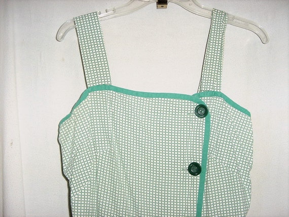 Vintage 40s Ladies Green Check Cotton Dress M But… - image 3