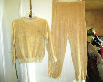 Vintage 70s Oscar De La Renta Beige Velour 2 pc Track Sweat Suit S Pullover Pants