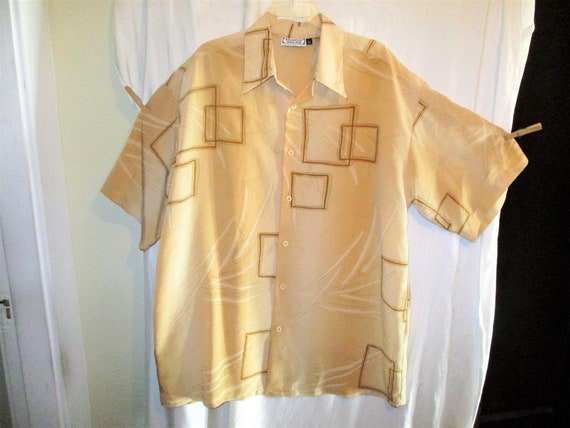 Vintage 80s Mens Beige Poly Crepe Disco Shirt XL … - image 1