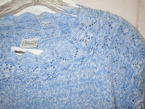 Vintage 80s Blue Eyelet Knit Pullover XL Short Sl… - image 2