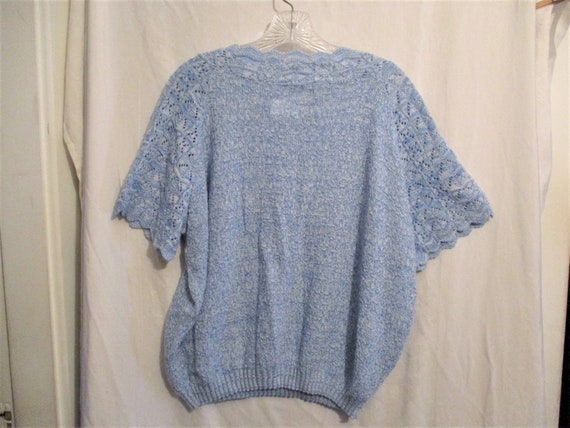 Vintage 80s Blue Eyelet Knit Pullover XL Short Sl… - image 3