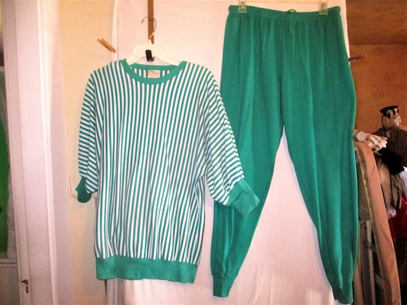 Vintage 80s Green White Stripe Track Jogging Suit… - image 1