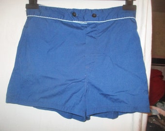 Vintage 70s Blue Swim Trunks Mens Shorts S White Cord Trim