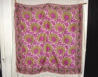 Vintage 50s Pink Beige Paisley Fan Silk Square Scarf