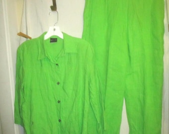 Vintage Green Linen 2 pc Shirt Jacket Top Pants M Art To Wear