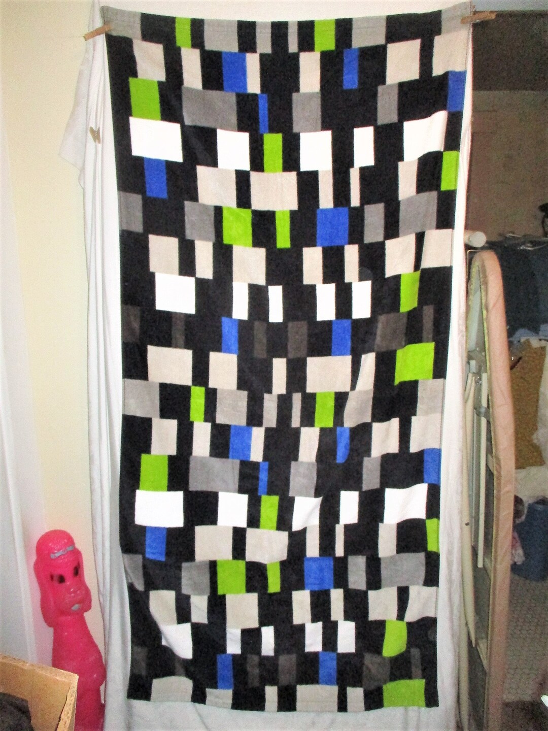 Vintage 00s Black Multi Color Check Matrix Cotton Beach Towel Terry ...