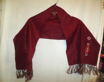 Vintage 50s Maroon Rayon Mens Sash Scarf Embroidered Diamond Block Fringe Muffler