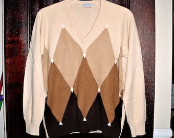 Vintage 80s Mens Cashmere Pullover Sweater Lyle & Scott Argyle Brown V Neck L