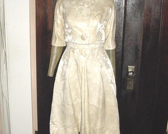 Vintage 50s Tapestry Satin 2 pc Cocktail Dress Sm Off White Jacket New Look