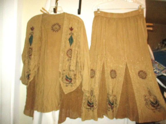 Vintage 80s Ladies 2 Pc Rayon Skirt Top Suit L Br… - image 1