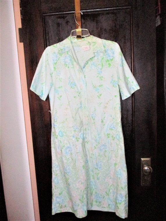 Vintage 60s Zip up House Dress Green Flower Print Short Sleeve Etsy