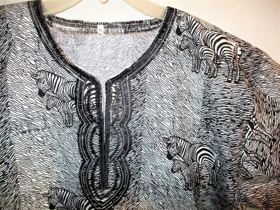 Vintage 90s Hippie Dashiki Shirt Black White Zebr… - image 2