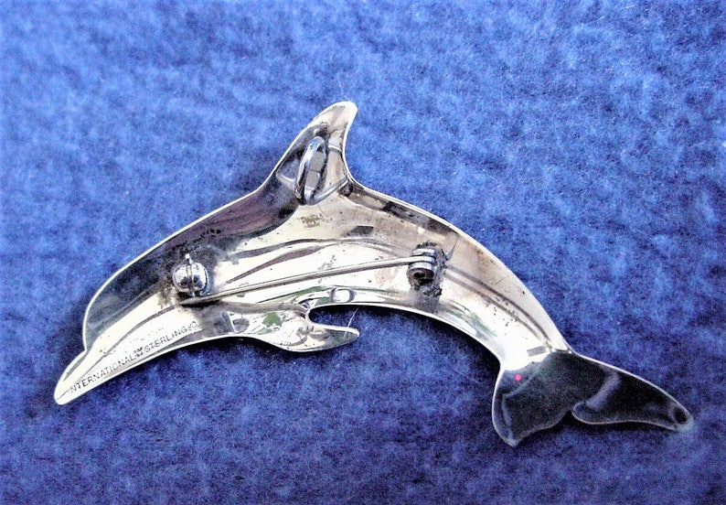 Vintage 80s Dolphin International Sterling Silver Brooch Pin Pendant image 2