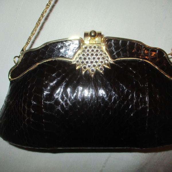 Vintage 90s Black Snakeskin Clam Shape Clutch Purse Crossbody Gold Trim Chain