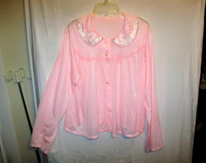 Vintage 60s Pink Nylon Bed Jacket Lace Satin Trim Button up L Long Sleeves Etsy