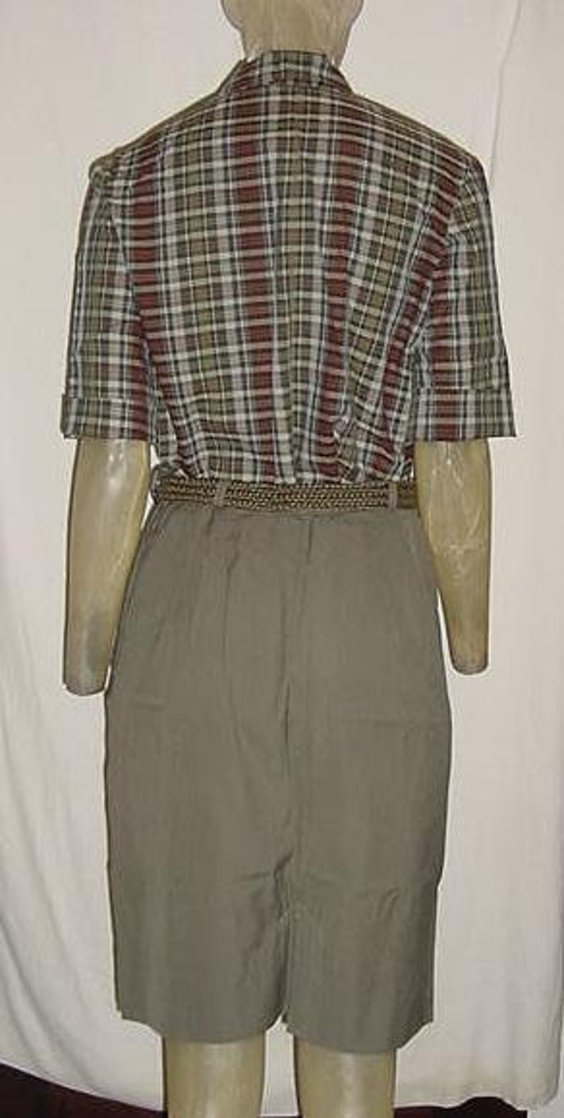 Vintage 50s 2 pc Olive Pencil Skirt Plaid Button Up Shirt M