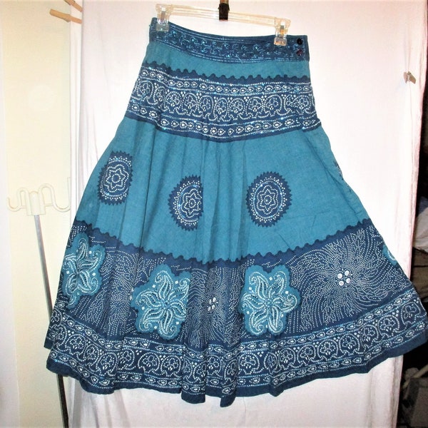 Vintage 90s Teal Green White Hippie Print Circle Cotton Skirt Sequins M