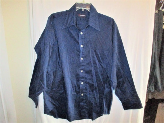 Vintage 70s Mens XL Blue Polyester Long Sleeve Sh… - image 1