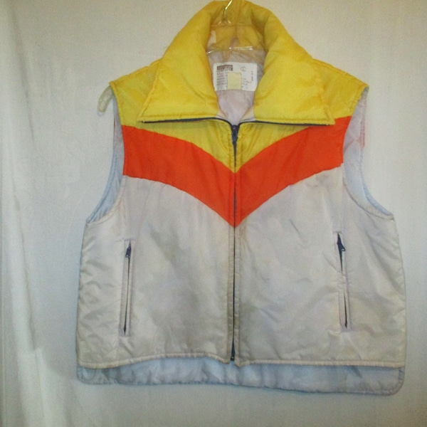 Vintage 70s Yellow Gray OrangeNylon Poly Puffer Vest L Mans Kelso As Is