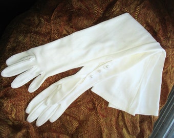 Vintage 60s White Opera Length Gloves M Button Wrist  Poly Blend Knit As Is