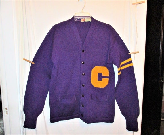 Vintage 50s Purple Wool Knit Letter Sweater 44 Men
