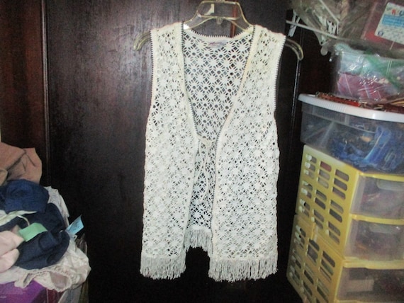 Vintage 90s White Cotton Mesh Hippie Tunic Vest L… - image 1