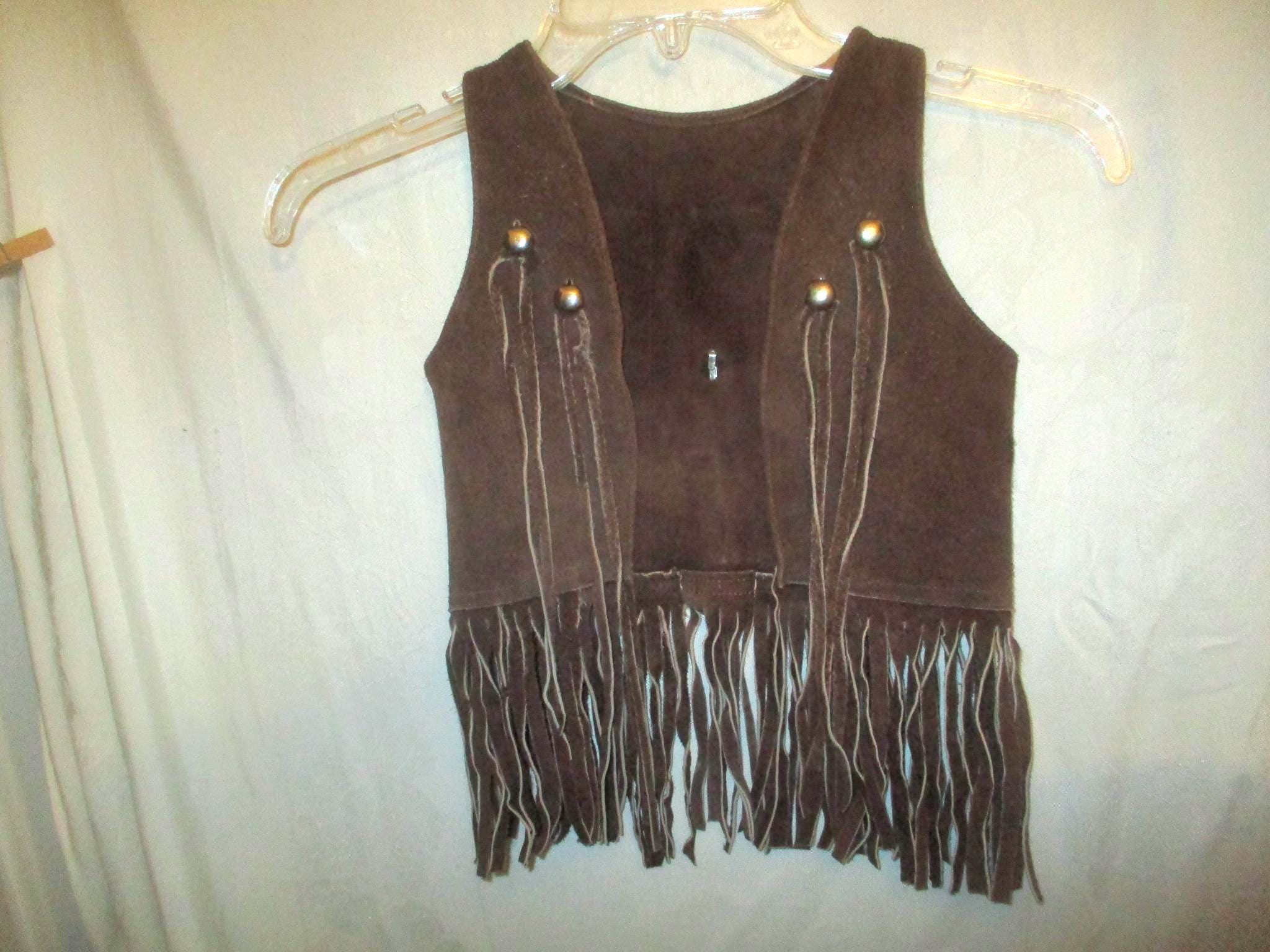 Vintage 70s Childs Brown Leather Vest M Hippie Fringed