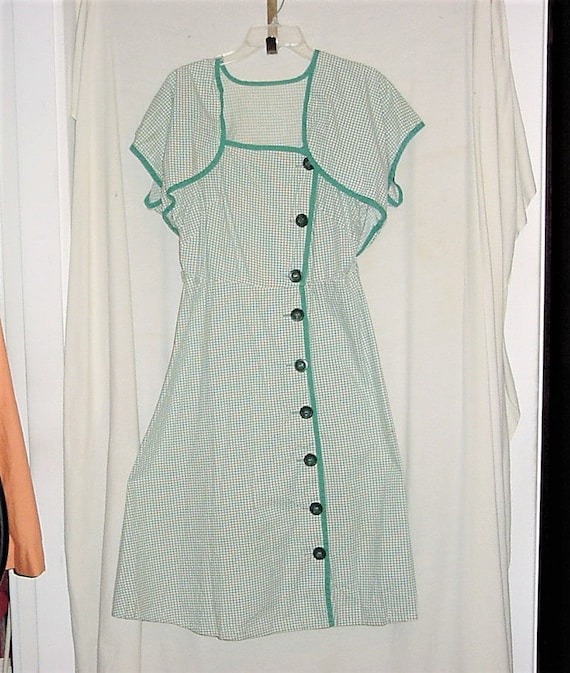 Vintage 40s Ladies Green Check Cotton Dress M But… - image 1