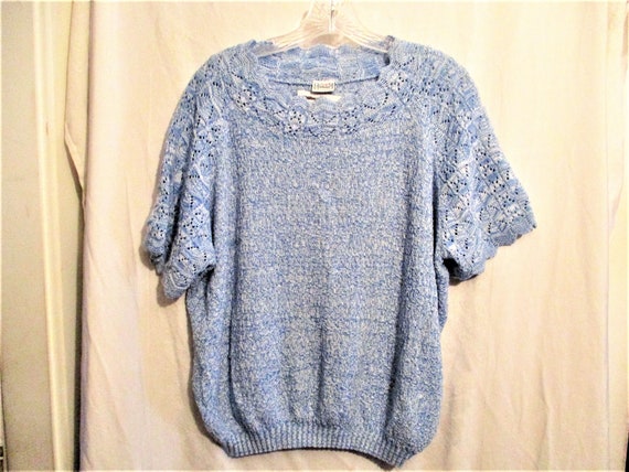 Vintage 80s Blue Eyelet Knit Pullover XL Short Sl… - image 1