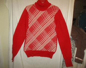 Vintage 60s Red White Plaid Wool Mens Pullover Sweater M Turtleneck Cezar Italy