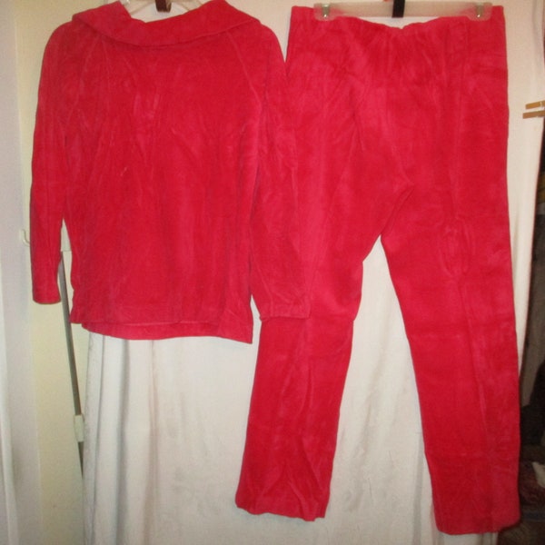 Vintage 70s Red Velour Suit M Ladies Pullover Top Flair Pants 2 Pc As Is