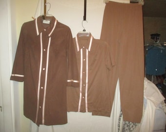 Vintage 60s 3 pc Brown Nylon Knit Ladies S Robe Top Pants Pajamas 32 Artemis