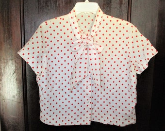 Vintage 50s Ladies Poly Crepe Button Up Top M Blouse Red White Polka Dots Bow As Is