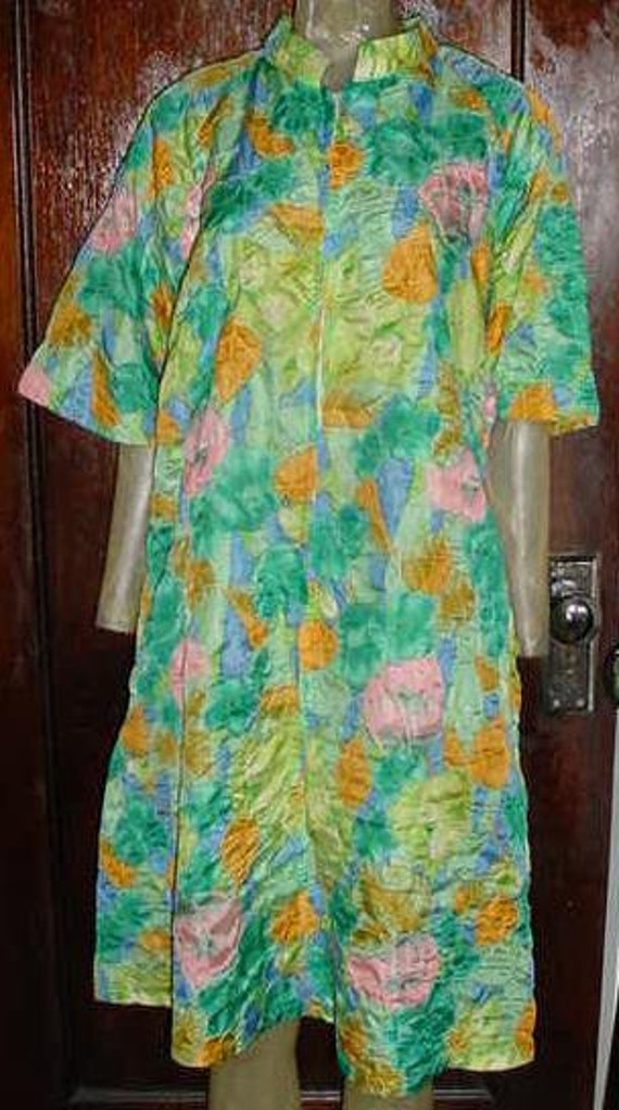 Vintage 60s Flower Print Zip Front Embossed Mater… - image 2