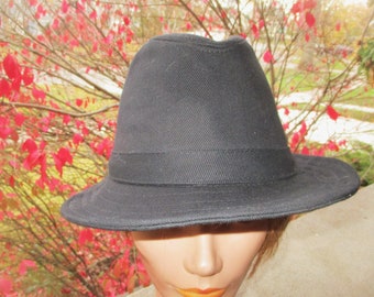 vintage années 90 Noir Coton Poly Twill Hat Fedora Large / XL Écrasable