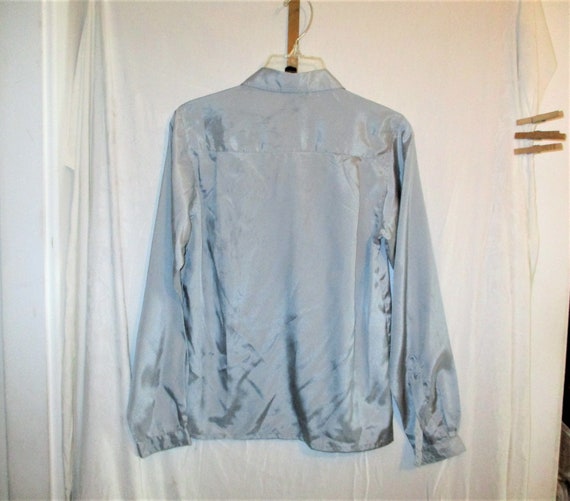 Vintage 80s Gray Poly Ladies Button Up Shirt M Lo… - image 3