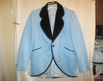 Vintage 70s Mod Blue Herringbone Texture Poly Tux Jacket 38 Short Tuxedo