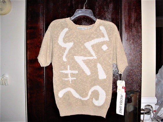 Vintage 80s Knit Pullover Top M Short Sleeve Beig… - image 1