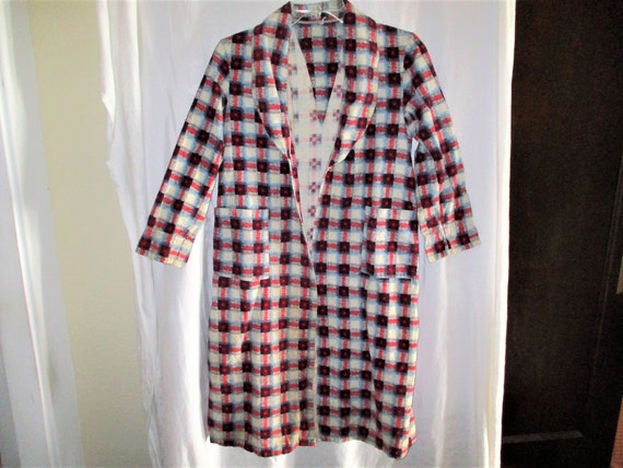 Vintage 50s Childs Bathrobe Gray Check Plaid Flann