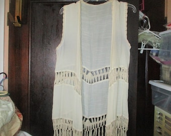 Vintage Gauze Crochet Tunic Open Vest M Off White Hippie Yarn Fringe