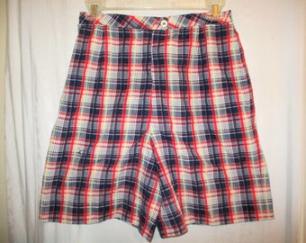 Vintage 70s Ladies Red White Blue Plaid Shorts M Haymaker Poly Blend