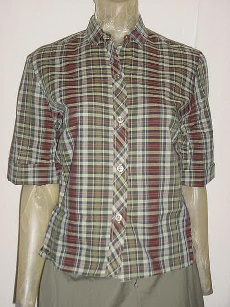Vintage 50s 2 pc Olive Pencil Skirt Plaid Button Up Shirt M
