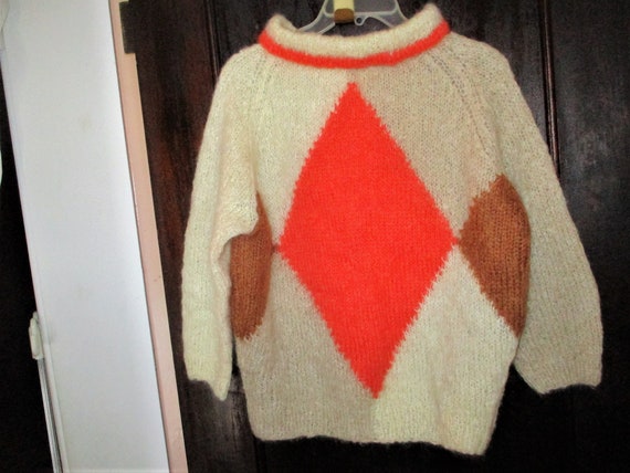 Vintage 60s Mod Ladies Beige Orange Argyle Pullov… - image 1