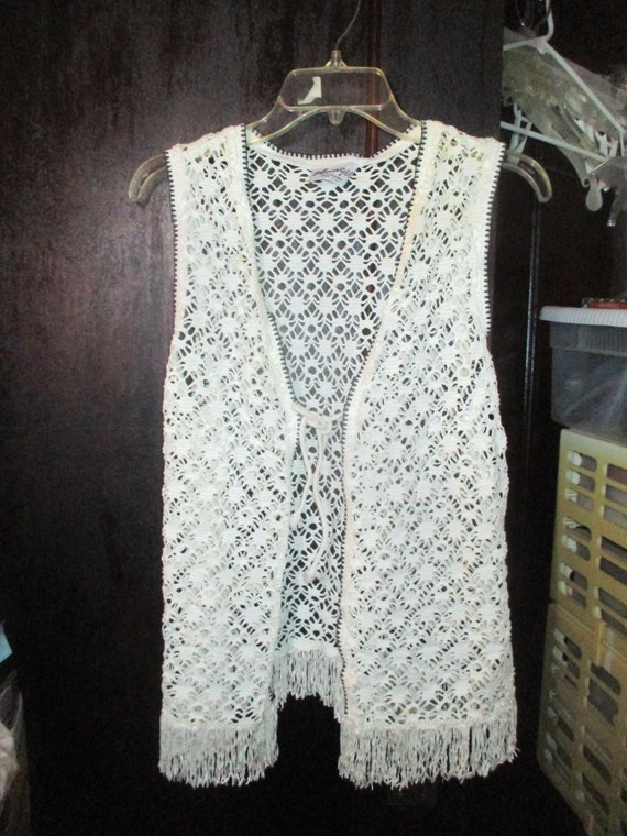 Vintage 90s White Cotton Mesh Hippie Tunic Vest L… - image 3