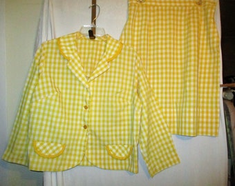 Vintage 60s Yellow White Gingham Check 2 Pc Ladies Suit M Skirt Jacket Poly Blend