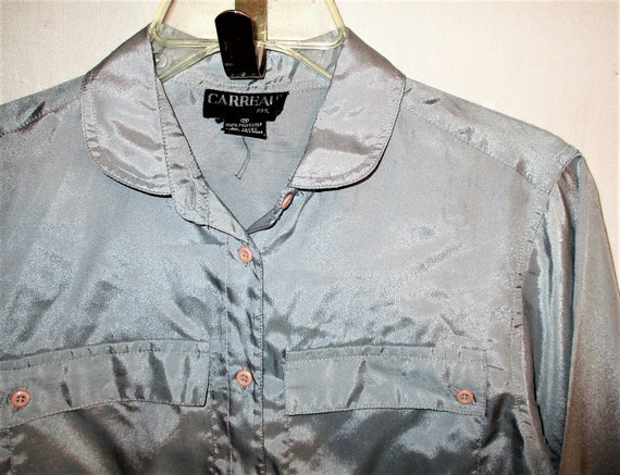 Vintage 80s Gray Poly Ladies Button Up Shirt M Lo… - image 2